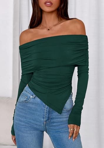 PRETTYGARDEN Women's Off The Shoulder Tops Spring Fashion 2026 Long Sleeve Shirts Going Out Slim Fitted Blouses Fall Clothes view 2