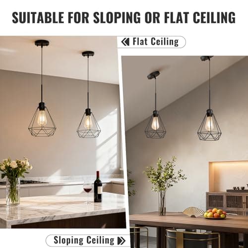 Maliralt Pendant Light Hanging Lights Fixture - Black Industrial Hanging Lamps with Metal Diamond Shade for Kitchen Island, Dining Room Over Table, Breakfast Corner, Farmhouse Home Decor - 2 Pack view 6
