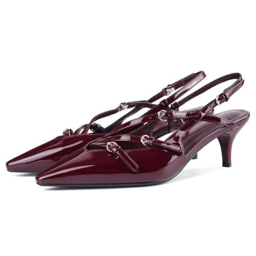 CORNMOOD Slingback Kitten Heels for Women Pointed Toe Stiletto Low Heels with Buckle Strap Heeled Pumps Sandals Burgundy，8