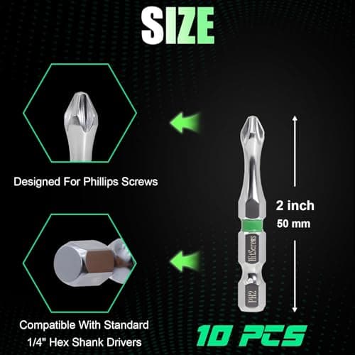 Hitscrews Magnetic Screwdriver Bits PH2, 2-Inch Impact Driver Bits #2, S2 Steel Chrome Finish Phillips Bits For Impact Driver, Home Improvement & DIY - 10 Pack view 2