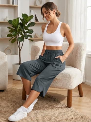 gaimoliso Drawstring Capri Pants for Women Casual Wide Leg Yoga High Waist Capri Pants Pockets Loose Soft Sweatpants view 3