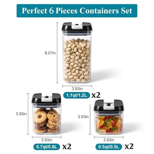 OMIO Airtight Kitchen Storage Containers (6-Pack) - Easy-Grip Pull Tab Lids, BPA-Free Plastic Canisters for Pantry, Countertop, Fridge – Organize Cereal, Grains, Flour, Sugar, Snacks & Candy view 5