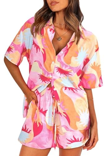 PRETTYGARDEN 2 Piece Sets for Women Summer Clothes 2026 Printed Button Down Shirts Tops Lounge Shorts Beach Vacation Outfits — image 1