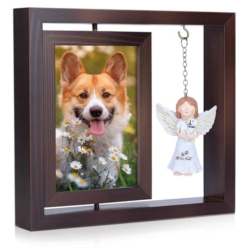 Babepets Dog Memorial Gifts for Loss of Dogs, Rotating Wooden Picture Frame with Resin Angel Statues Holds 4x6 Photo, Loss of Dog Cat Sympathy Gift, Pet Loss Remembrance Bereavement Keepsake (Brown)