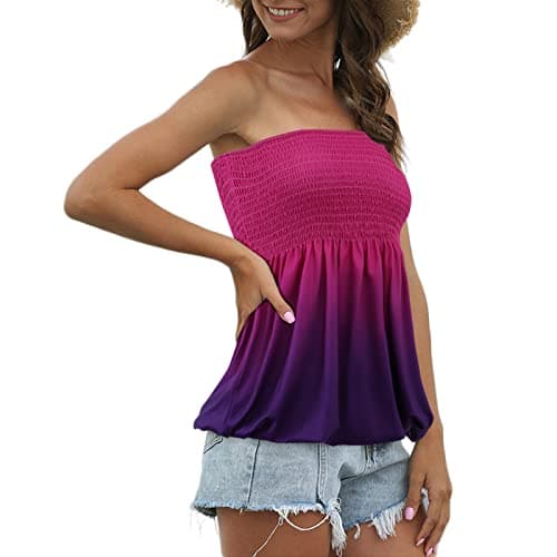 Sumtory Women Tie Dye Tube Tops Pleated Stretchy Ombre Strapless Shirts view 2