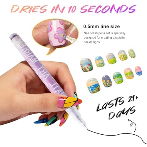 12 Colors Nail Art Markers Set: 0.5mm Fine Nail Art Pens, Waterproof & Quick-Dry Nail Polish Pens for Professional Nail Design, Dotting, Lining, Lettering, and DIY Manicure Art view 5