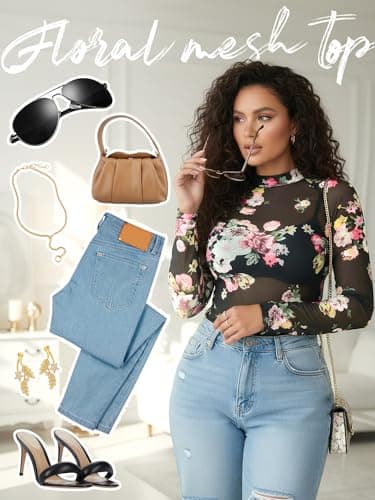 Floral Mesh Long Sleeve Tops Women Sexy Lace Sheer Top Mockneck Going Out Shirt See Through Valentine's Day Outfit Top view 6