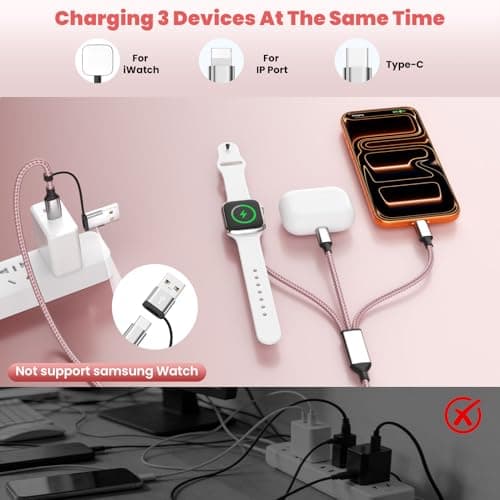 3 in 2 Multi Charging Cable for iWatch Charger/IP/USB C,Travel Cruise Essentials,Pink 1-Pack 5FT Braided USB A/C Cable Designed for Multiple Devices,Car Accessories for iWatch Ultra/SE & iPhone 17-11 view 2