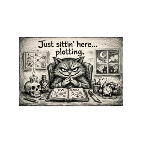Just Sittin Here Plotting Metal Tin Sign Dark Humor Cat Artwork Funny Bathroom Wall Decor Gothic Sketch Style Plaque Restroom Home Office Gift 8x12 Inch Pre Drilled Hanging Art — image 1