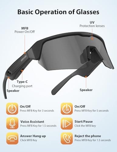 AIRMARS Bluetooth Sunglasses for Men and Women, Built-in Mic & Speakers, Polarized Sport Smart glasses for Running/Cycling, UV Protection, Voice Control (Black) view 5