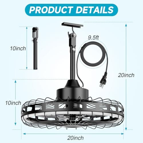 Unenrui 20" IP65 Waterproof Outdoor Ceiling Fan with Light, Plug-in Caged Hanging Fan, 3CCT Dimmable & 6-Speed Adjustment for Patio Porch Pergola Gazebo view 2