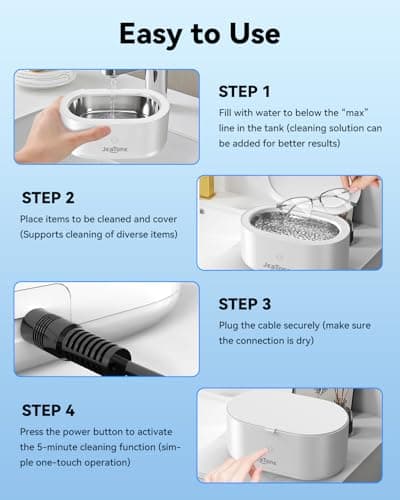 JeaTone Ultrasonic Jewelry Cleaner, 46KHz Professional Ultrasonic Cleaning Machine for Rings, Eyeglasses, Retainers, Dentures & Watches, 20oz Stainless Steel Sonic Cleaner Pod (White) view 6