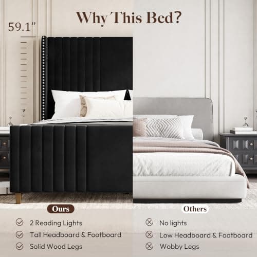 Belffin 59" Tall King Size Platform Bed Frame with 2 Touch Lights, Black | Nailhead Trim Velvet Upholstered Wingback Bed, Mid Century Modern, Solid Wood Legs, 2 Side Pockets, Easy Assembly, Noise Free view 6