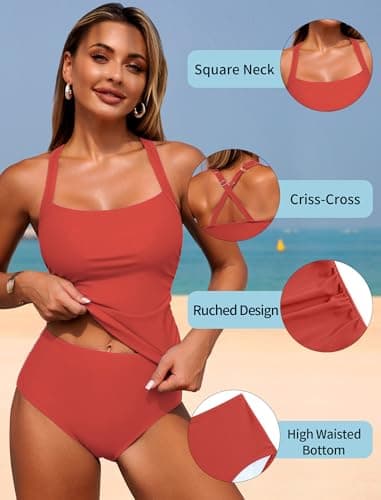 ZAFUL Women's Tankini Swimsuits Tummy Control Swimwear Two Piece Bathing Suits Swim Top with High Waisted Bottom view 4