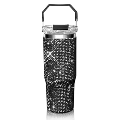 30oz Bling Rhinestone Studded Tumbler with Top Handle, Bling Cups Stainless Steel Water Bottle Diamond Glitter Tumbler for Women - Birthday Gifts for Women, Mom,Get Well Soon Gifts (Black)