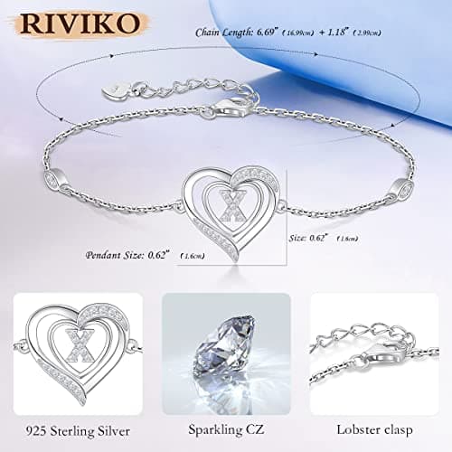 RIVIKO Heart Initial Bracelets for Women,925 Sterling Silver Letter Bracelets, Personalized Charm Alphabet Jewelry Valentines Christmas Mother’s Day Birthday Gifts for Women Friend Her Mom Wife Lady view 5