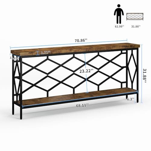 karlott 71" Extra Long Entryway Table, Narrow Console Table, Industrial Sofa Behind Couch Table with Open Storage Shelf, Hallway Table for Entryway, Living Room, Foyer, Entrance, Unique Design, Brown view 2