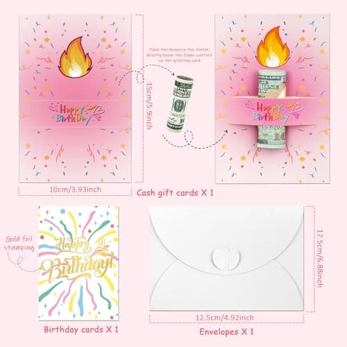 Unique Gold Foil Birthday Cards with Envelopes - Birthday Candle Creative Designs Design, Fun Playful Money Holder Cards, Exquisite Women's Birthday Cards for Family, Kids & Friends(Pink-1) view 3