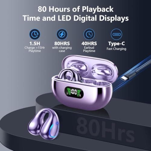 Open Ear Headphones Bluetooth 6.1 Wireless Comfort Clip On Earbuds Purple | Bone Conduction with Digital Display Charging Case Sport Earphones Built-in Mic Waterproof for Running Fitness Exercise view 3