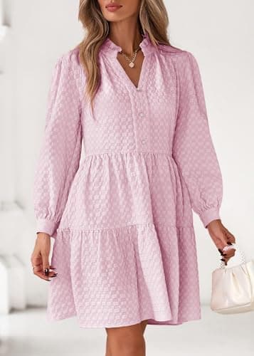 Lazysmile Dresses for Women Long Sleeve V Neck Button Down Ruffled Flowy Fall Casual Babydoll Tunic Dress view 5