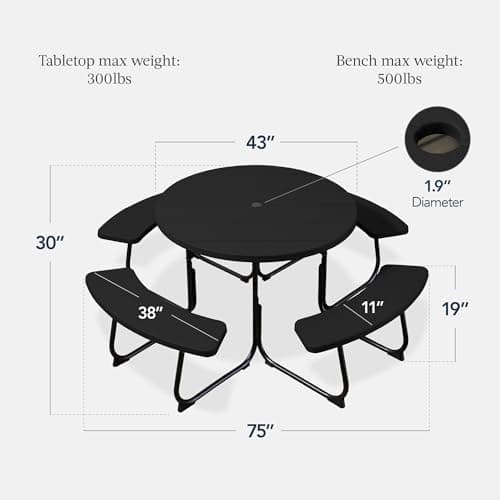 Best Choice Products 8-Person Outdoor Bench Patio Picnic Table, Circular w/ 4 Built-in Benches and Umbrella Hole, 2000lb Capacity - Black view 3