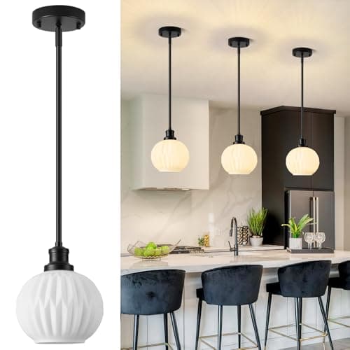 Karjearl Milk Glass Pendant Lights Kitchen Island, 1-Light 7.1" Black Modern Pendant Light Fixtures with Rods, Globe Hanging Lighting for Kitchen Sink Bathroom Dining Room, E26 Base — image 1