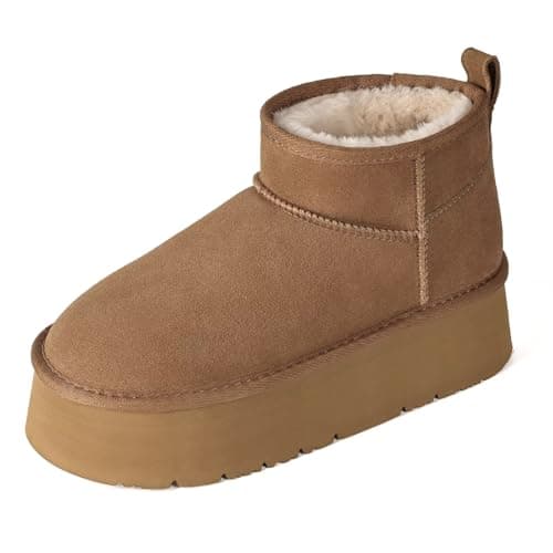 OOW Wide Ankle Platform Boots for Women Genuine Suede Short Winter Snow Boot