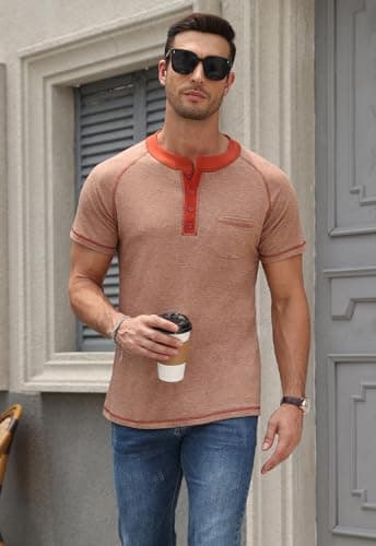 KUYIGO Mens Henley Short Sleeve T Shirt Casual Button Basic Tee Shirts Summer with Pocket view 4