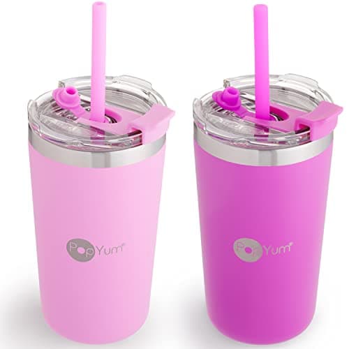 PopYum 13oz Insulated Stainless Steel Kids’ Cups with Lid and Straw, 2-Pack, Purple, Pink, stackable, sippy, baby, child, toddler, tumbler, double wall, vacuum, leak proof