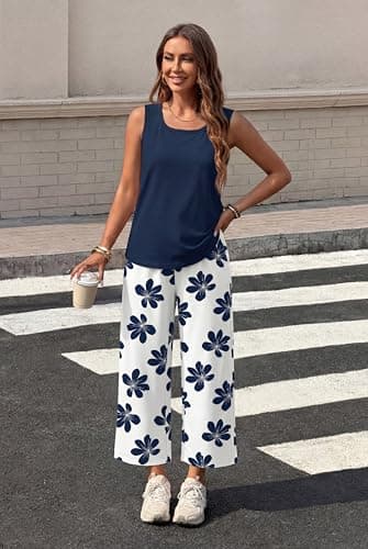 WIHOLL Two Piece Sets for Women Summer Spring Outfits Tank Square Neck Sleeveless Travel Vacation Lounge Wide Leg Pants Set view 3