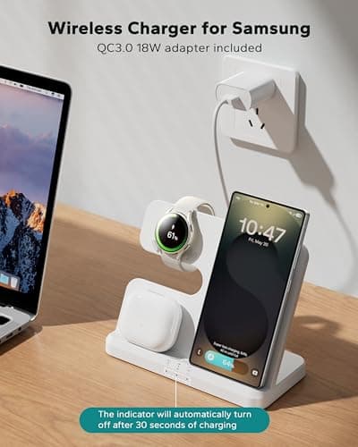 Wireless Charging Station for Samsung, 3 in 1 Charger Stand for Galaxy S25 Ultra/S24/S23/Z Fold, Phone and Watch Charging Dock for Samsung Watch Galaxy 8/7/6/5, Galaxy Buds 3/2/Pro view 4