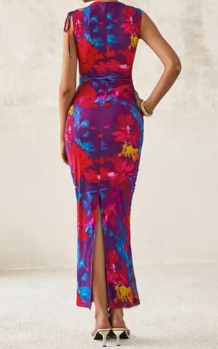 PRETTYGARDEN Women's Summer Maxi Floral Dresses Ruched Bodycon Sleeveless Mesh Formal Wedding Guest Cocktail Split Long Dress view 2
