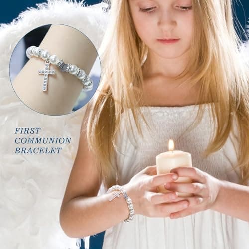 BAYLAY First Communion Gifts for Girls, Cross Bracelet for Teen Girl First Communion Bracelet for Girls Pearl Letter Initial Charm Bracelet First Holy Communion Gifts for Girl Catholic view 4
