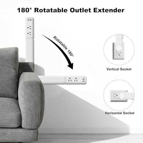 Electrical Outlet Extender Stick with Telescopic 22"-34" Extension & 180° Swivel, 2 AC Outlets & 3 USB Ports (1 USB-C/2 USB-A), for Hard-to-Reach Outlets Behind Furniture Bed Desk Sofa Nightstands view 2