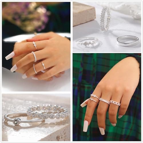 ZNBOH Gold Silver Plated Stacking Rings Set for Women 14K Dainty Stackable Thumb Knuckle Cute Ring for Women Pinky Finger Fashion Band Thin Simple Plain Chain CZ Rings Size 6-11 view 4
