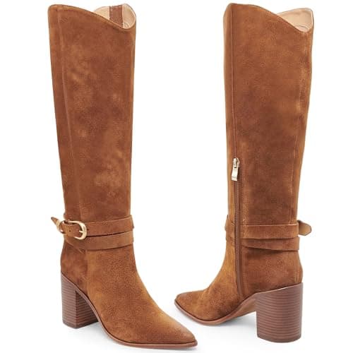 WIRALOMI Knee High Boots for Women Pointed Toe Chunky Heel Boots Metal Buckle Boots with Side Zipper view 5