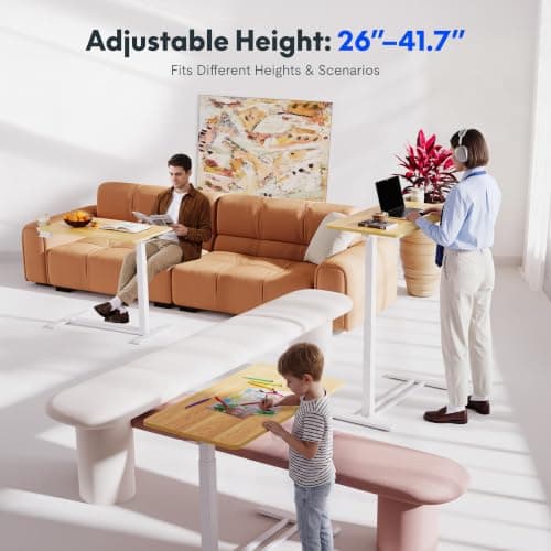 FLEXISPOT H7 32" Pneumatic Height-Adjustable Overbed Table with Wheels | C-shaped bedside table,Medical End Table,Rolling Cart TV Tray,Laptop desk for Hospital Home office use,31.5"Wx17.7"D,Maple view 3