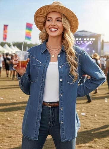 Dokotoo Women's Western Denim Shirt 100% Cotton Long Sleeve Button Down Jean Shacket Top view 6