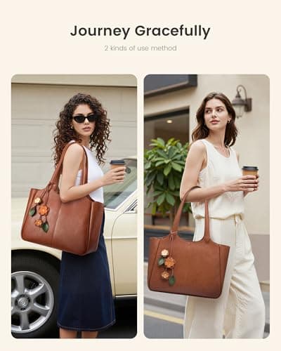 LOVEVOOK Tote Bag for Women, Leather Vintage Work Bag with 40oz Cup Holder,Nurse Teacher Shoulder Bag,Roomy,6 Pockets | Leak-resistant view 2