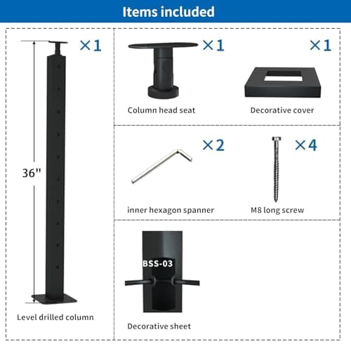 LANGLIER 1 PC Cable Railing Post 36"x2"x2" Stainless Steel Black Finish, for Stairs and Deck handrails，can be Installed on Wood or Concrete Floor. (Corner Post, Black) view 3