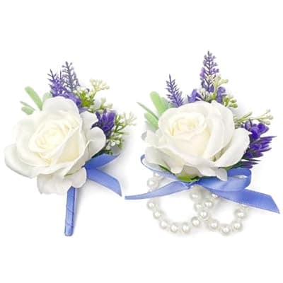 Rose Corsage and Boutonniere Set Lavender Blue Corsage Wrist and Men Boutonniere for White Wedding Party Prom Suit Decorations