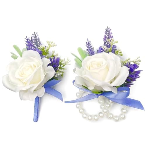 Rose Corsage and Boutonniere Set Lavender Blue Corsage Wrist and Men Boutonniere for White Wedding Party Prom Suit Decorations — image 1