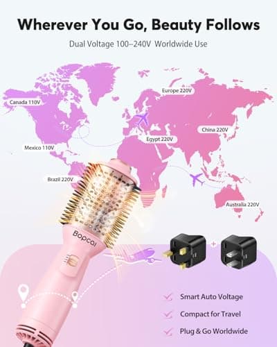 2" Travel Blow Dryer Brush, Dual Voltage 100-240V Hot Air Brush, 4-in-1 Ionic Hair Dryer Brush for Blowout, Volumizing, Straightening, Curling & Drying, Portable with EU UK Plug view 3