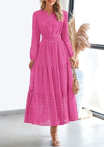 PRETTYGARDEN Women's Long Sleeve Maxi Dress V Neck Hollow Out Eyelet A Line Long Flowy 2026 Spring Wedding Guest Dresses view 2