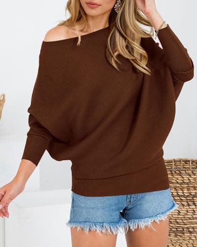 Zenlonr Off The Shoulder Sweaters for Women Fall Clothes 2026 Casual Long Batwing Sleeve Ribbed Knit Pullover Tops view 2