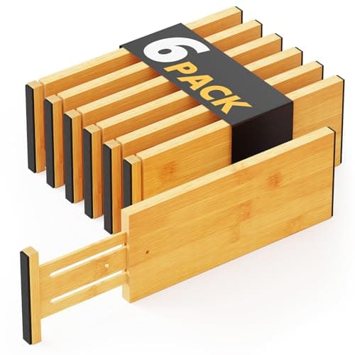 SpaceAid Bamboo Dresser Drawer Dividers 6 Pack, 4.65“ High Adjustable 12.5“-17” Drawer Organizers, Expandable Organization for Clothing, Clothes, Dressers, Natural — image 1