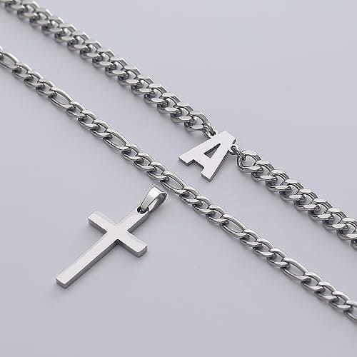 ZNBOH Cross Initial Necklace for Men Stainless Steel Silver Layered Cuban Figaro Link Chain Letter Christian Cross Pendant Initial A-Z Jewelry Gift for Husband Women view 6