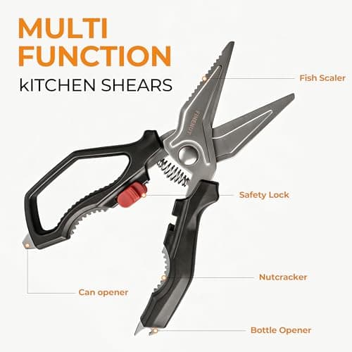 FINENUT Heavy Duty Kitchen Scissors with Peeler Sheath - Spring Loaded Poultry Shears for Chicken, Meat & Fish - Multipurpose Food Scissors with Safety Lock & Non-Slip Handle, Dishwasher Safe view 5