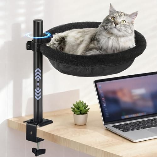 Cat Desk Bed, Heavy Duty Steel Clamp-On Various Desktops, Machine Washable Reversible Cat Beds for Large & Kitten, 360° Rotating Height Adjustable, Indoor Cats Nest Furniture Supports 45lbs, Black — image 1