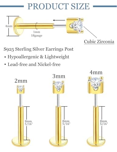 ZNBOH 5 Pairs Flat Back Earrings Stud Gold Threadless Tragus Cartilage for Women Men 925 Sterling Silver Post 14K Gold Hypoallergenic Earring Set for Multiple Piercing Nose Medusa Piercing Jewelry 18G view 4